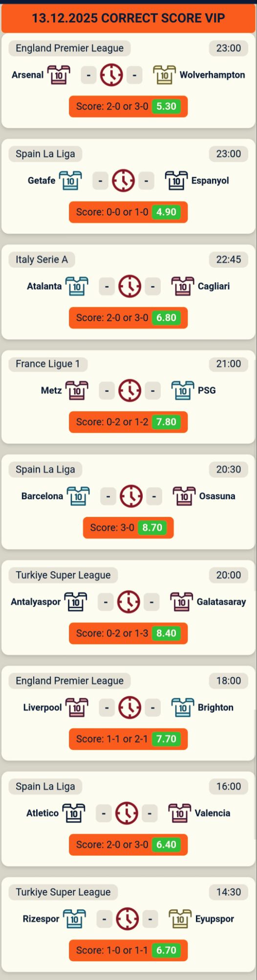 Get expert football correct score betting tips for 13 December 2025. Premier League, La Liga, Serie A & more VIP soccer predictions with high odds value.