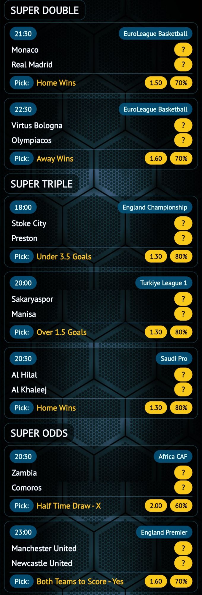 Today football and basketball betting tips with super double, super triple and super odds predictions