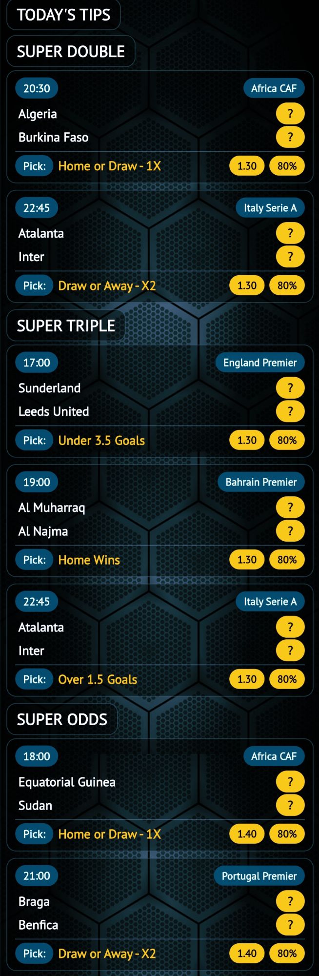 Super Double Super Triple football betting tips image showing daily soccer predictions with odds, confidence percentage, and low-risk picks from top leagues