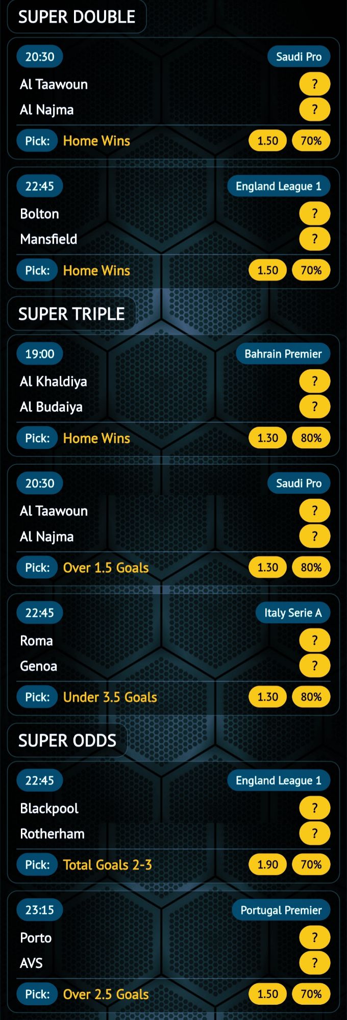 Today soccer betting tips with super double, super triple and high odds football predictions including home win and goals markets