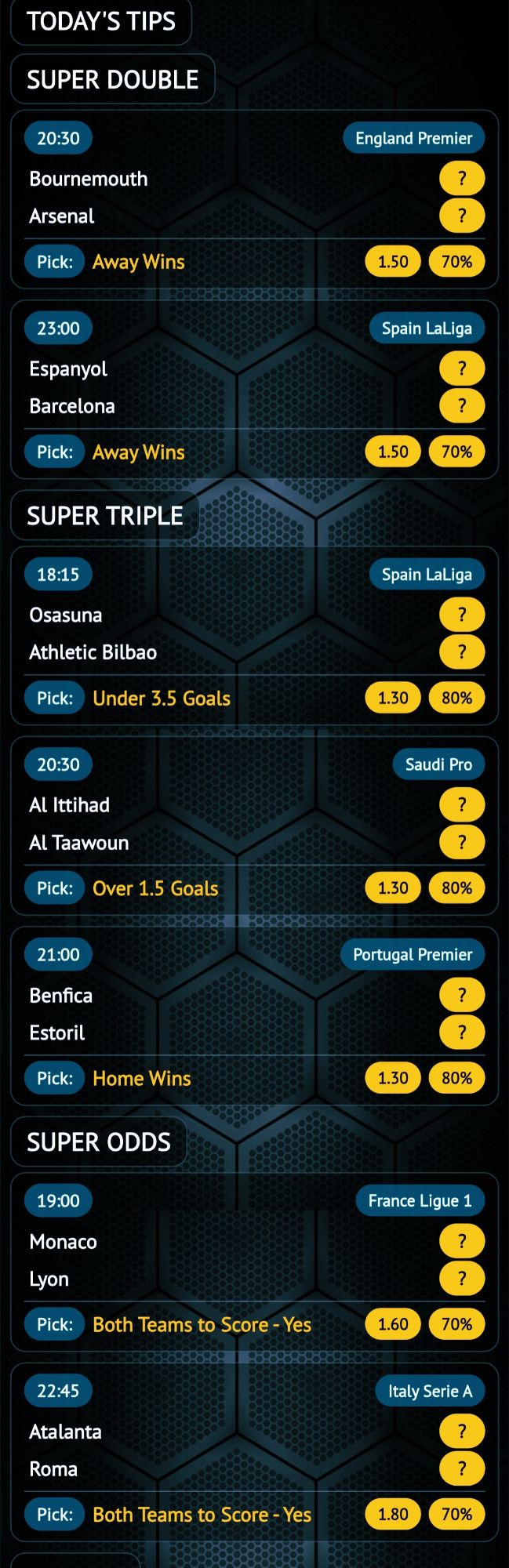 Today soccer betting tips with Super Double, Super Triple and Super Odds predictions