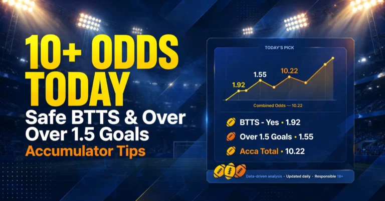 10+ Odds Today Safe BTTS and Over 1.5 Goals Accumulator Tips for 18 Aug with 10.22 combined odds