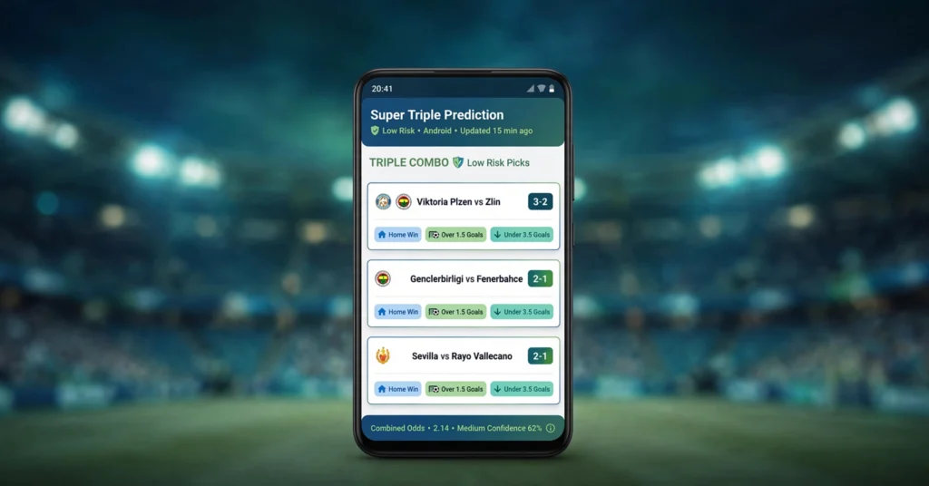 super triple prediction app for android low risk showing 16 Aug 2026 results - Viktoria Plzen 3-2, Genclerbirligi vs Fenerbahce 2-1, Sevilla vs Rayo Vallecano 2-1 on Android phone mockup