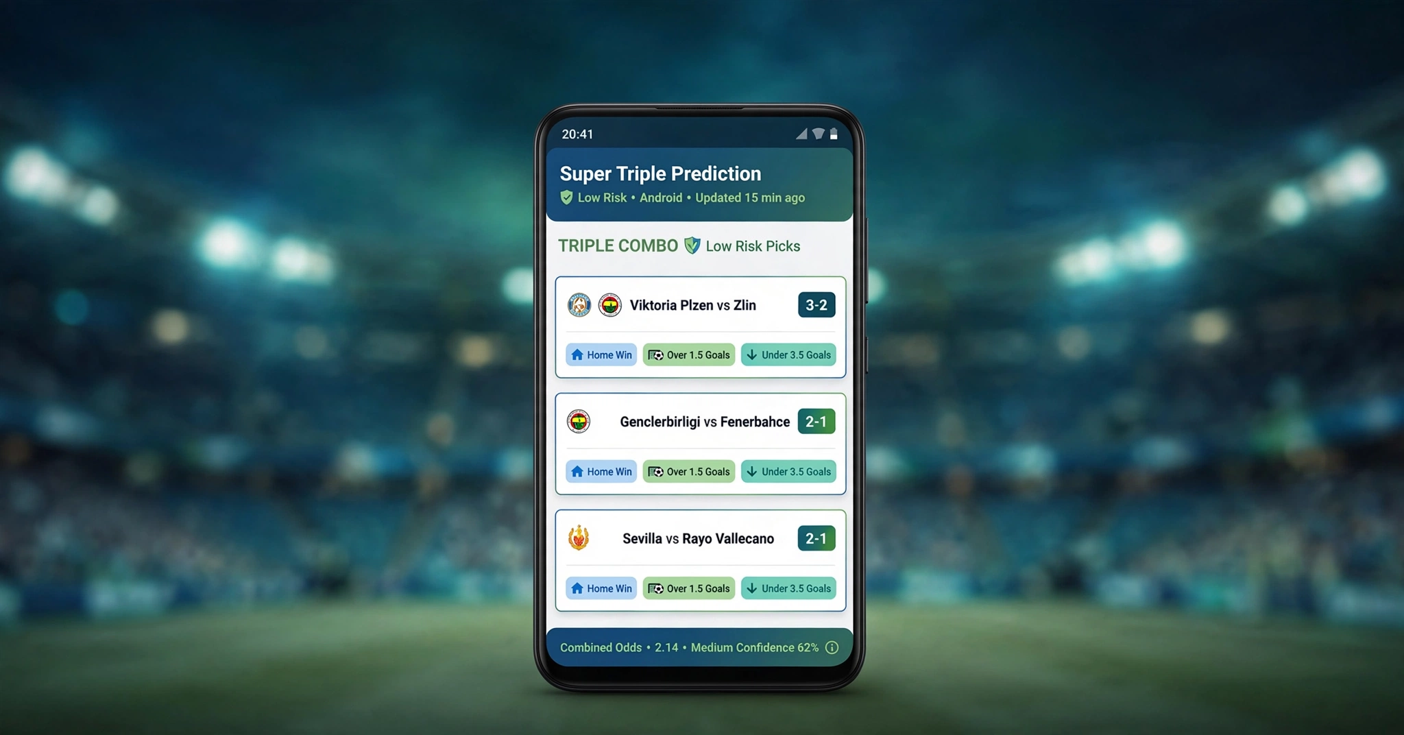 super triple prediction app for android low risk showing 16 Aug 2026 results - Viktoria Plzen 3-2, Genclerbirligi vs Fenerbahce 2-1, Sevilla vs Rayo Vallecano 2-1 on Android phone mockup