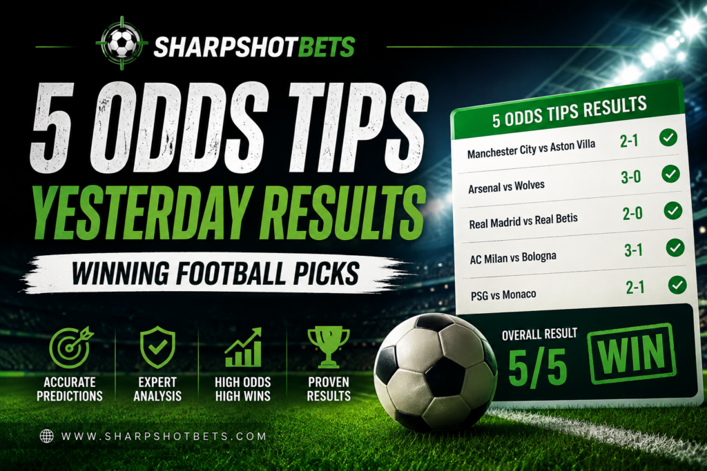 Tactical board with green checkmarks demonstrating 5 odds tips yesterday results