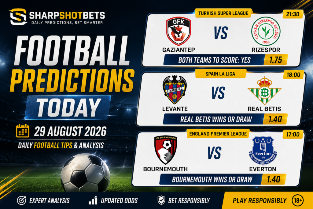 Football Predictions Today 29 August 2026 – Gaziantep vs Rizespor, Levante vs Real Betis and Bournemouth vs Everton tips.