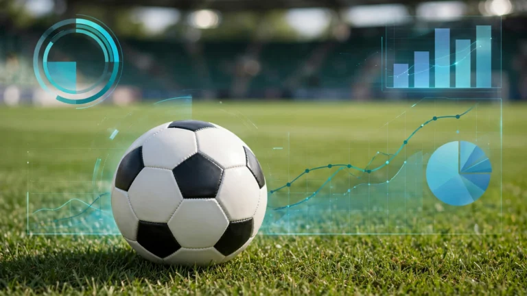 Football on grass pitch with data analytics overlay showing charts and graphs for football value bets analysis