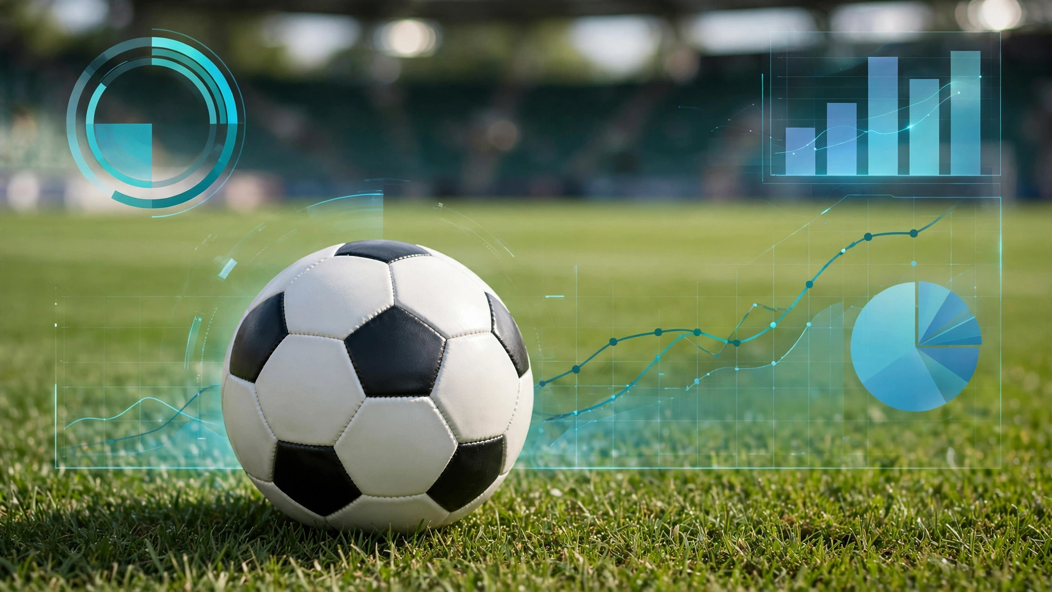Football on grass pitch with data analytics overlay showing charts and graphs for football value bets analysis